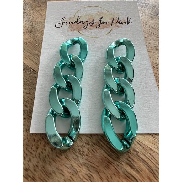 TEAL Aqua Metallic Chain Link Earrings NEW - Picture 2 of 3